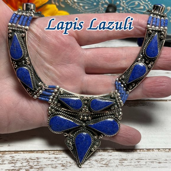 Lapis Lazuli Necklace Handmade Tibetan Stone Gemstone 925 Silver Large Ethnic - Picture 1 of 12